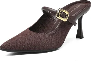 Women's Pointed Toe Heeled Mules, Knit Sandals, Slip-On Shoes