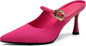 Women's Pointed Toe Heeled Mules, Knit Sandals, Slip-On Shoes
