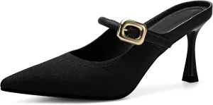Women's Pointed Toe Heeled Mules, Knit Sandals, Slip-On Shoes