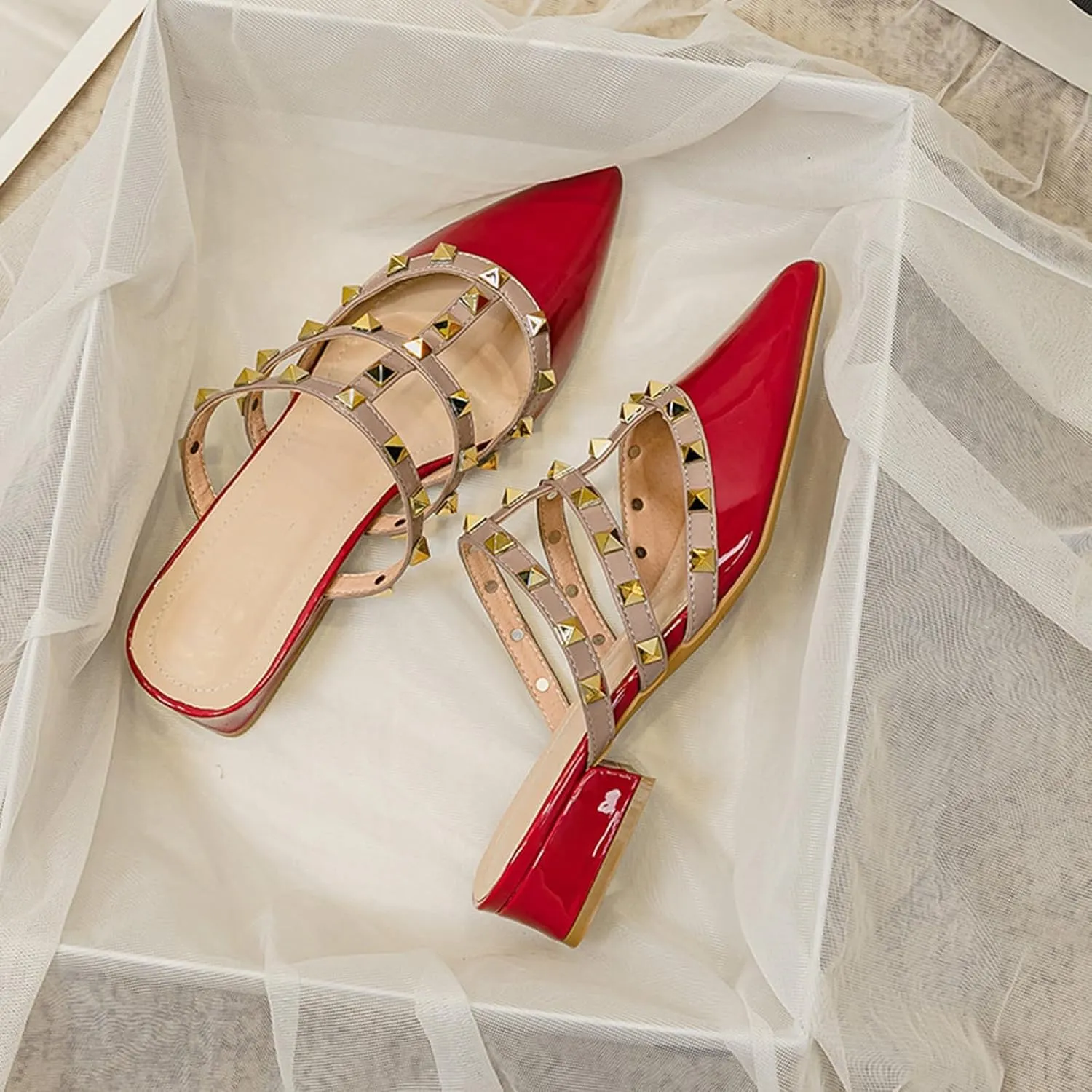 Women's Pointed Toe Studded Mules Backless Slip on Outdoor Shoes Chunky Low Heels Slip-On Pump Party Dress Low Heels Sandals