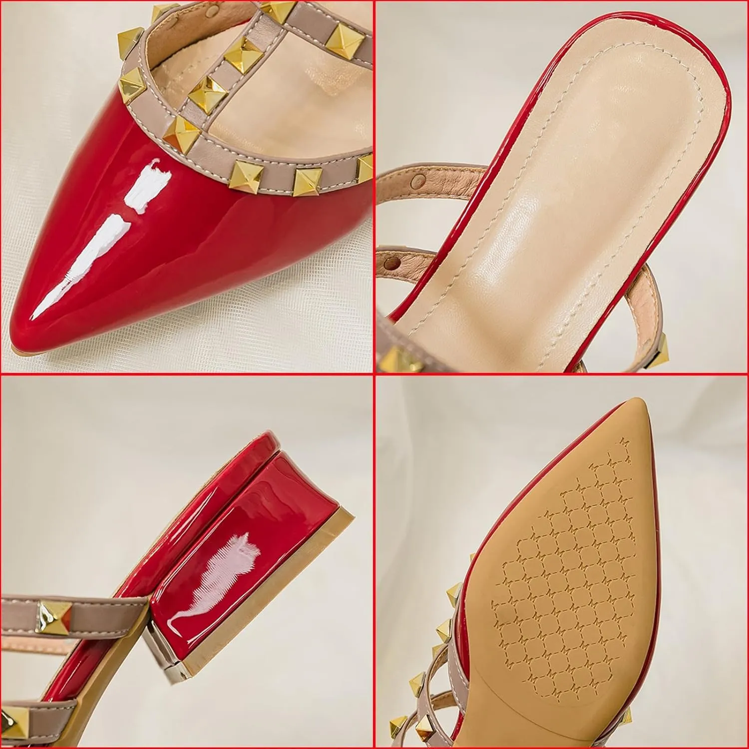 Women's Pointed Toe Studded Mules Backless Slip on Outdoor Shoes Chunky Low Heels Slip-On Pump Party Dress Low Heels Sandals