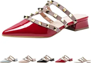 Women's Pointed Toe Studded Mules Backless Slip on Outdoor Shoes Chunky Low Heels Slip-On Pump Party Dress Low Heels Sandals