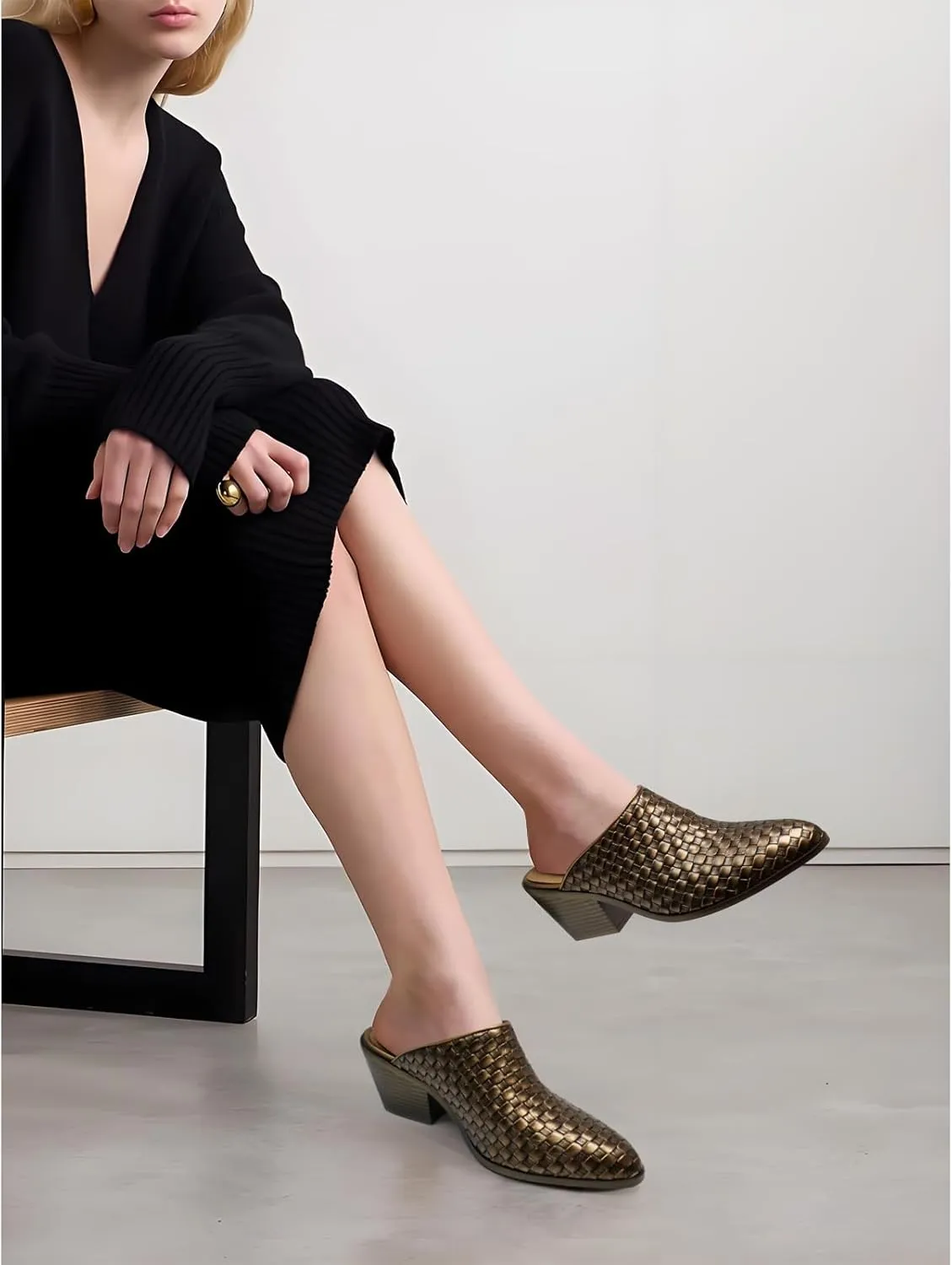 Women's Pumps Closed Pointed Toe Block Heel Mule Woven Leather Chunky Stacked Heeled Slip On Slippers Casual Comfortable Shoes