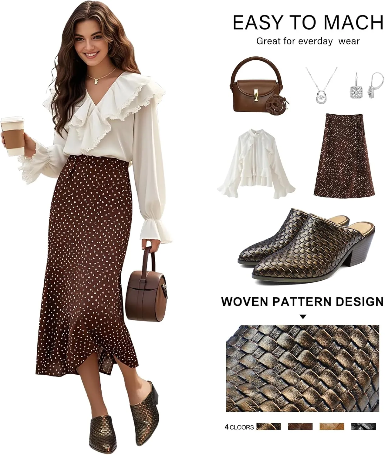 Women's Pumps Closed Pointed Toe Block Heel Mule Woven Leather Chunky Stacked Heeled Slip On Slippers Casual Comfortable Shoes