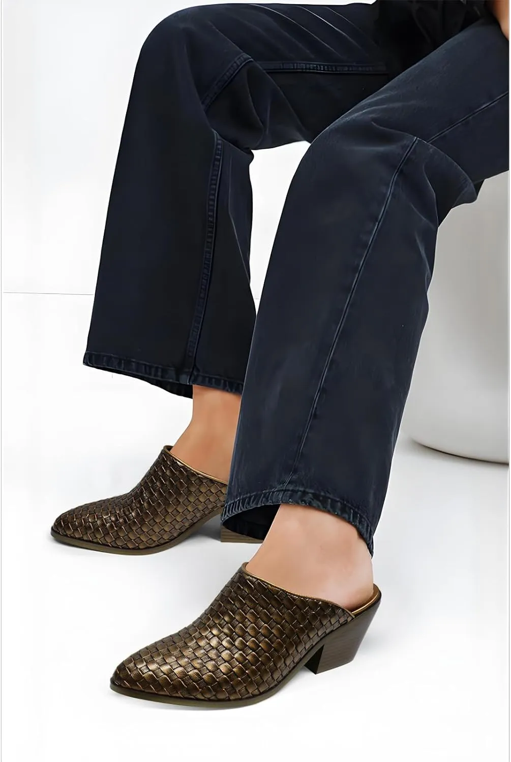 Women's Pumps Closed Pointed Toe Block Heel Mule Woven Leather Chunky Stacked Heeled Slip On Slippers Casual Comfortable Shoes