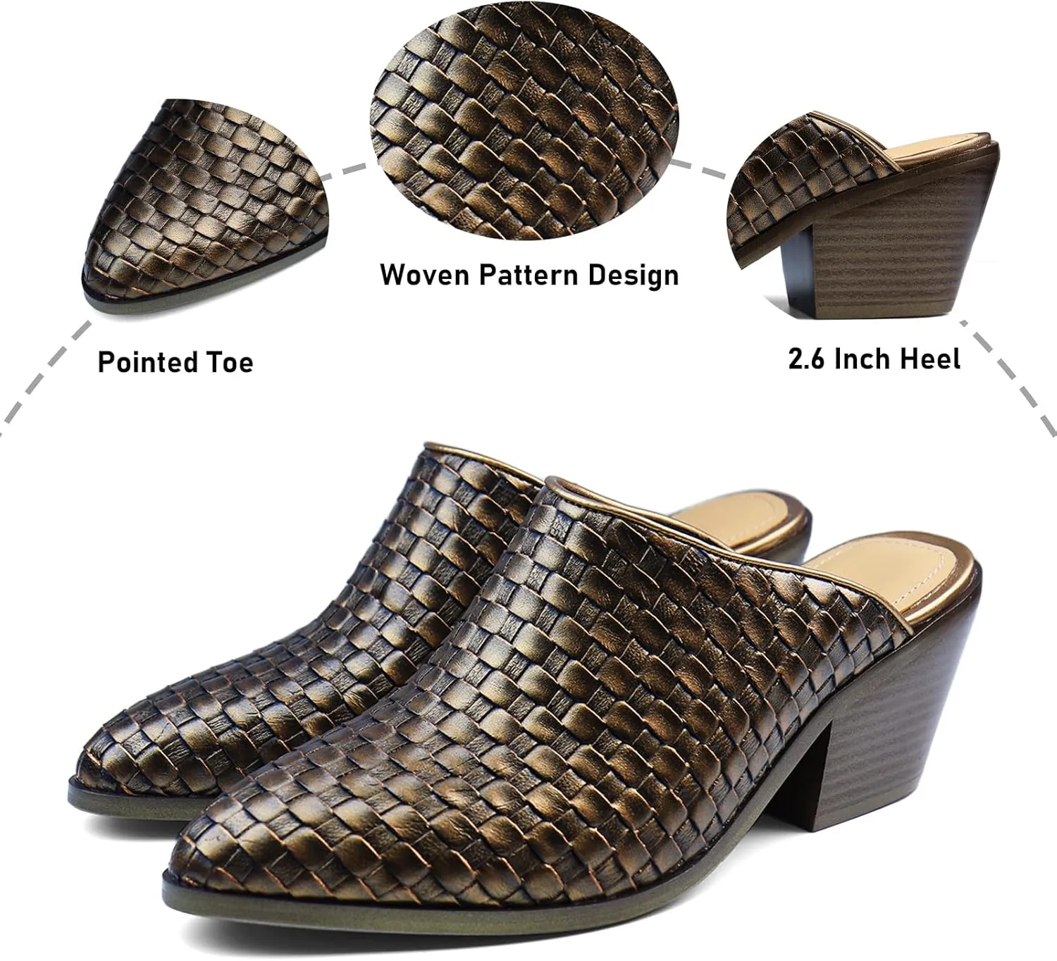 Women's Pumps Closed Pointed Toe Block Heel Mule Woven Leather Chunky Stacked Heeled Slip On Slippers Casual Comfortable Shoes