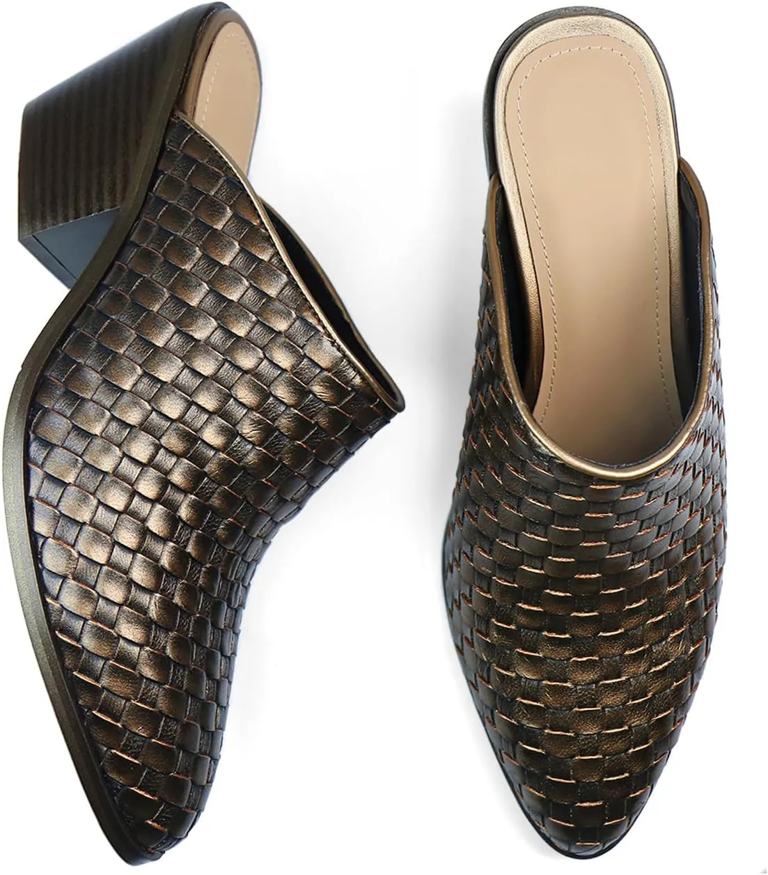 Women's Pumps Closed Pointed Toe Block Heel Mule Woven Leather Chunky Stacked Heeled Slip On Slippers Casual Comfortable Shoes