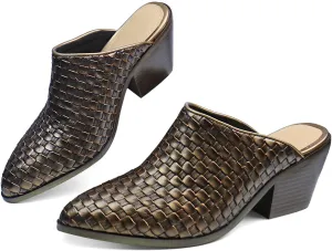 Women's Pumps Closed Pointed Toe Block Heel Mule Woven Leather Chunky Stacked Heeled Slip On Slippers Casual Comfortable Shoes