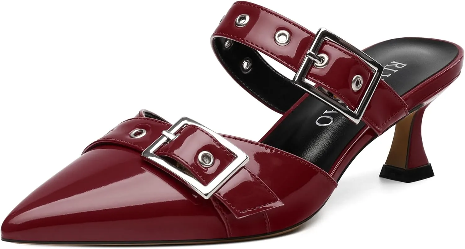 Women's Pumps, Pointed Toe Low Heel Mules for Women, Backstrap Buckle Fashion Solid Women's Mule Pumps for Daily Working Party