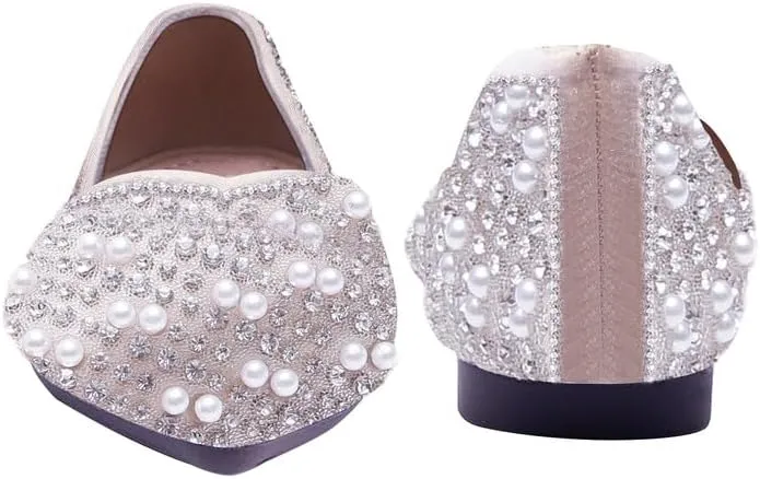Women's Rhinestone Flats Fashion Pointed Toe Pearl Diamond Low Heel Dress Wedding Flats Work Business Casual Flats Shoes