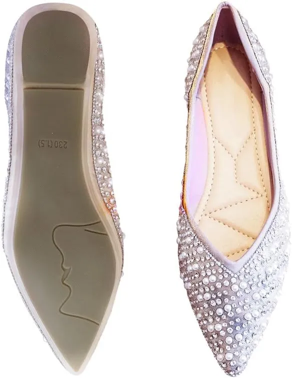 Women's Rhinestone Flats Fashion Pointed Toe Pearl Diamond Low Heel Dress Wedding Flats Work Business Casual Flats Shoes