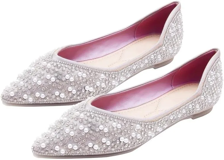 Women's Rhinestone Flats Fashion Pointed Toe Pearl Diamond Low Heel Dress Wedding Flats Work Business Casual Flats Shoes