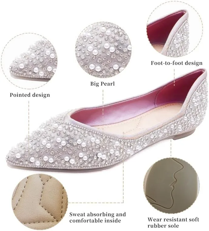 Women's Rhinestone Flats Fashion Pointed Toe Pearl Diamond Low Heel Dress Wedding Flats Work Business Casual Flats Shoes