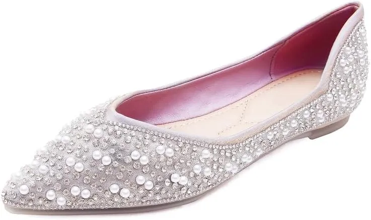 Women's Rhinestone Flats Fashion Pointed Toe Pearl Diamond Low Heel Dress Wedding Flats Work Business Casual Flats Shoes