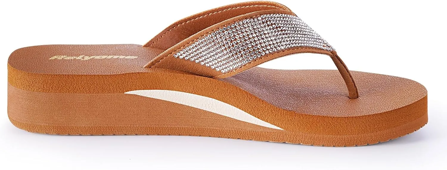 Womens Rhinestones Flip Flops Arch Support Mid Platform Bling Comfortable Flip-flops Jewel Dressy Thong Sandals