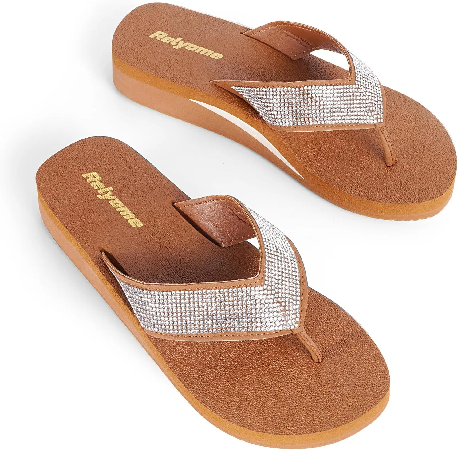 Womens Rhinestones Flip Flops Arch Support Mid Platform Bling Comfortable Flip-flops Jewel Dressy Thong Sandals