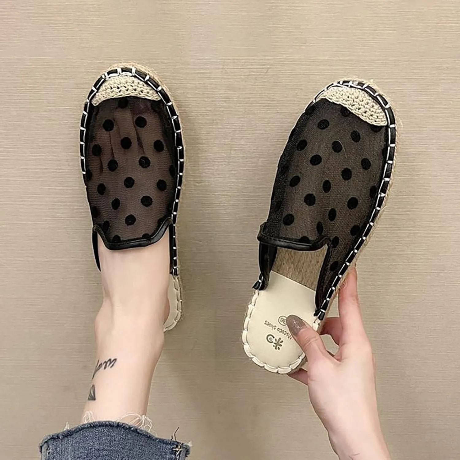 Women's Rope Flat Fashion Casual Large Mesh Polka Dot Sandals High Heel Slides and for Women Sandals Comfortable