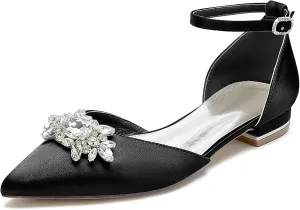 Women's Satin Ankle Strap Bridal Shoes Crystal Closed Pointed Toe Formal Prom Party Wedding Sandals Buckle Banquet Shoes