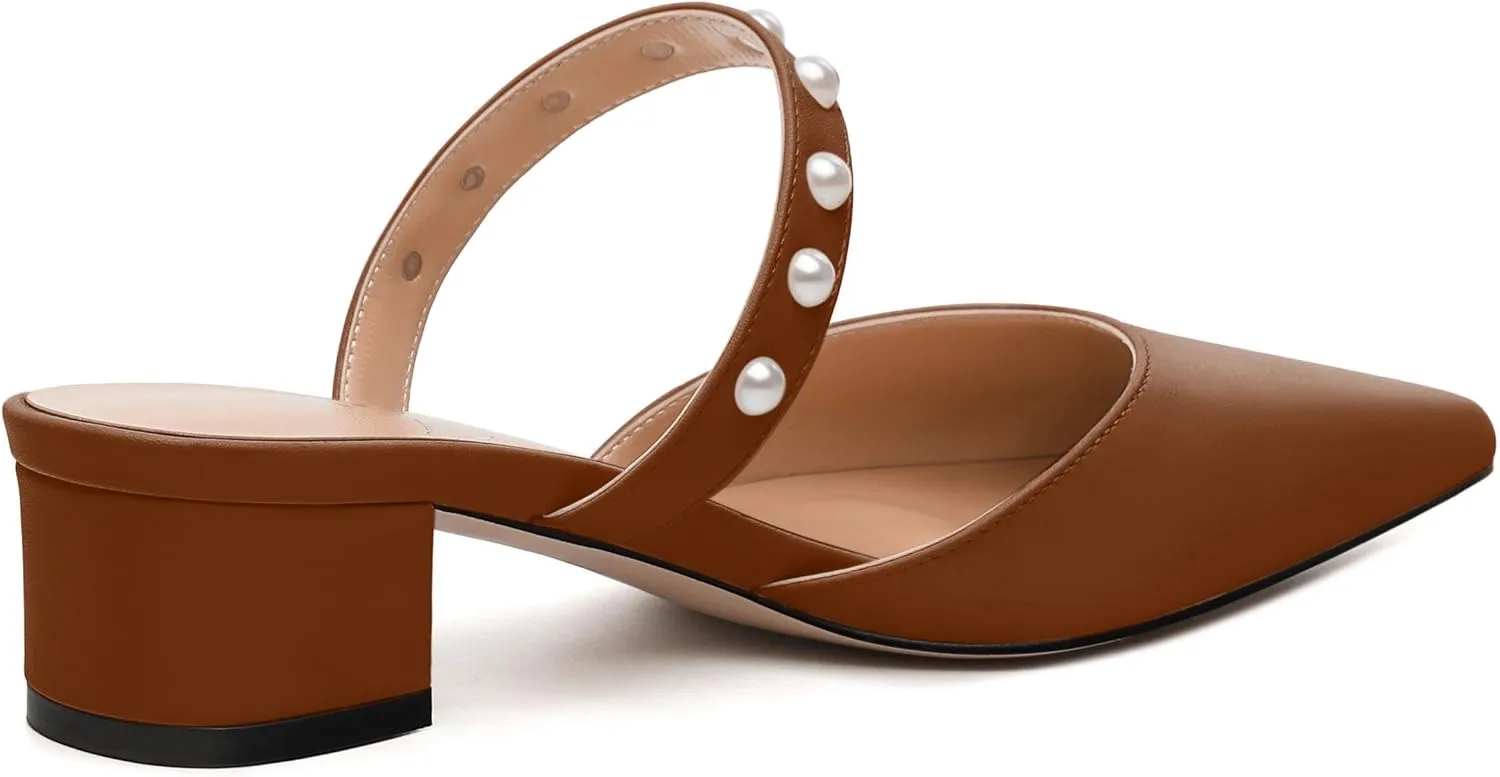 Womens Slippers Low Block Heels Pointed Toe Mule Pumps with Waist Strap Pearl Decoration Slip-on Women Sandals