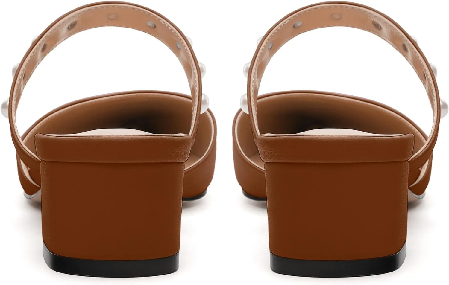 Womens Slippers Low Block Heels Pointed Toe Mule Pumps with Waist Strap Pearl Decoration Slip-on Women Sandals