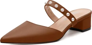 Womens Slippers Low Block Heels Pointed Toe Mule Pumps with Waist Strap Pearl Decoration Slip-on Women Sandals