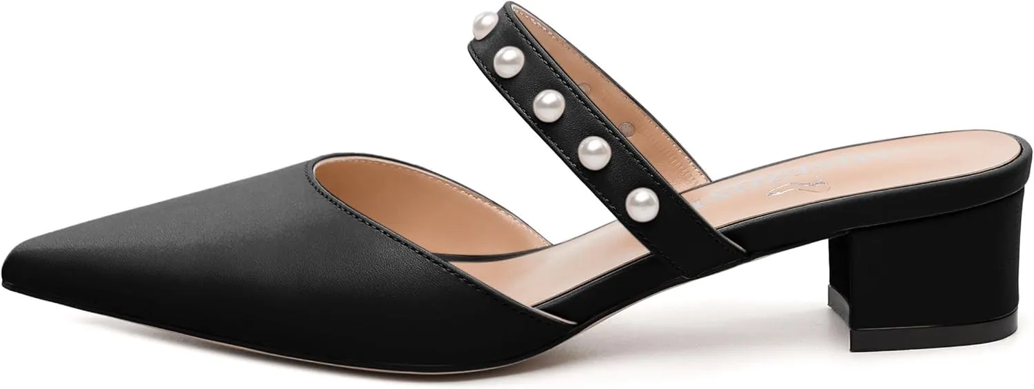 Womens Slippers Low Block Heels Pointed Toe Mule Pumps with Waist Strap Pearl Decoration Slip-on Women Sandals