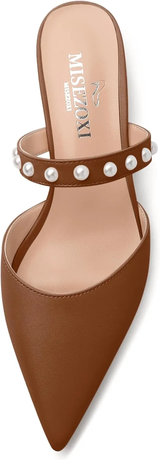 Womens Slippers Low Block Heels Pointed Toe Mule Pumps with Waist Strap Pearl Decoration Slip-on Women Sandals