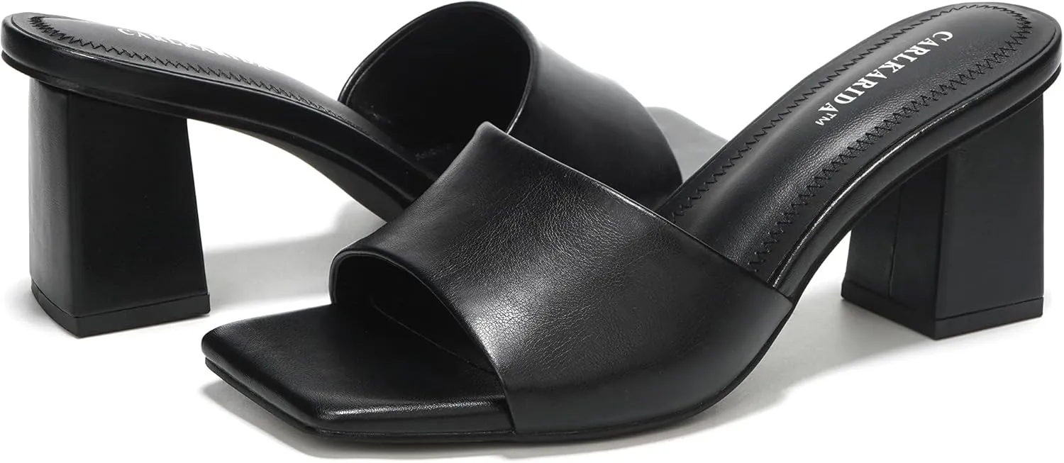 Women's Square Open Toe Heeled Sandals Glossy Material Mules Slip On Low Block Chunky Heeled Sandal on Comfortable Casual Dress Pumps Shoes with Sense of Luxury