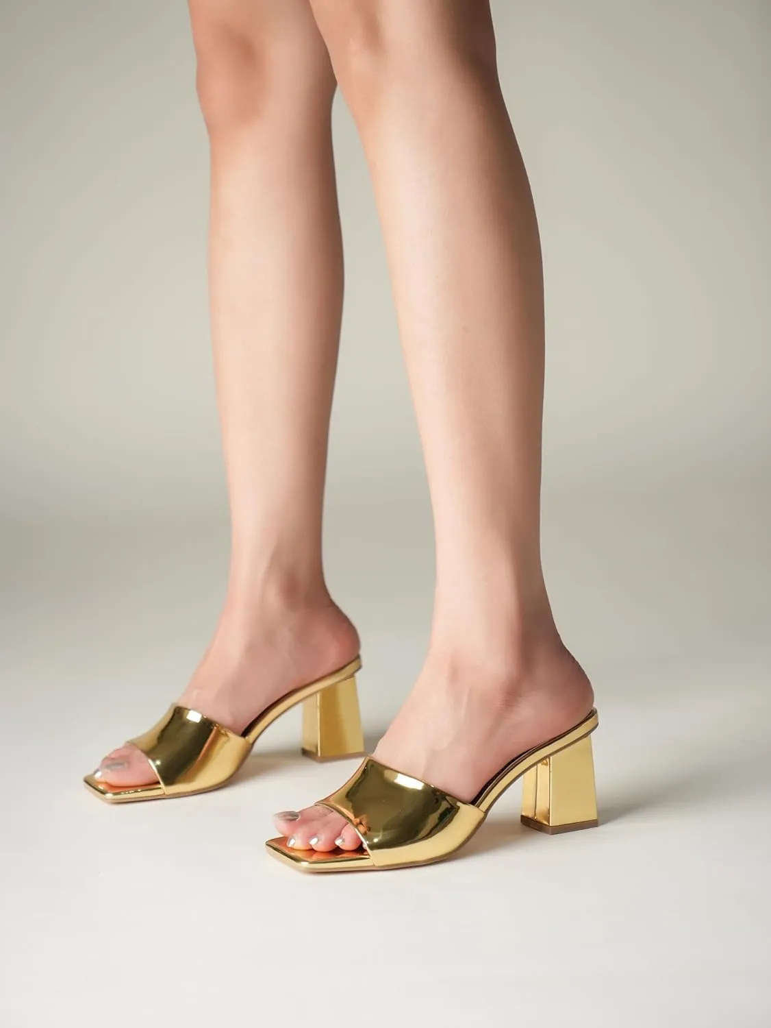Women's Square Open Toe Heeled Sandals Glossy Material Mules Slip On Low Block Chunky Heeled Sandal on Comfortable Casual Dress Pumps Shoes with Sense of Luxury