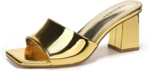 Women's Square Open Toe Heeled Sandals Glossy Material Mules Slip On Low Block Chunky Heeled Sandal on Comfortable Casual Dress Pumps Shoes with Sense of Luxury