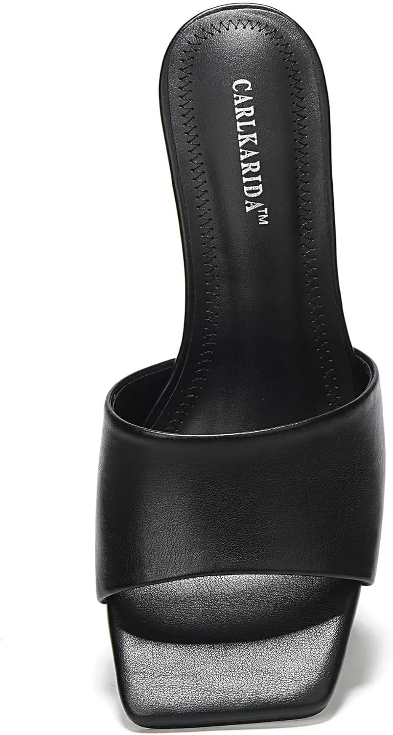 Women's Square Open Toe Heeled Sandals Glossy Material Mules Slip On Low Block Chunky Heeled Sandal on Comfortable Casual Dress Pumps Shoes with Sense of Luxury