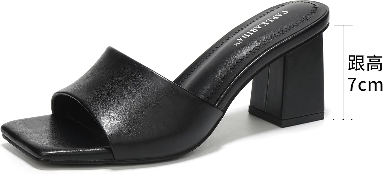 Women's Square Open Toe Heeled Sandals Glossy Material Mules Slip On Low Block Chunky Heeled Sandal on Comfortable Casual Dress Pumps Shoes with Sense of Luxury