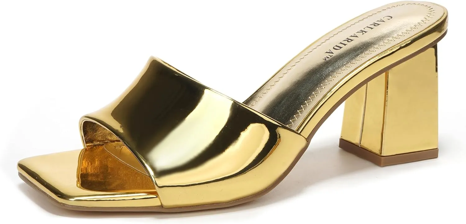 Women's Square Open Toe Heeled Sandals Glossy Material Mules Slip On Low Block Chunky Heeled Sandal on Comfortable Casual Dress Pumps Shoes with Sense of Luxury