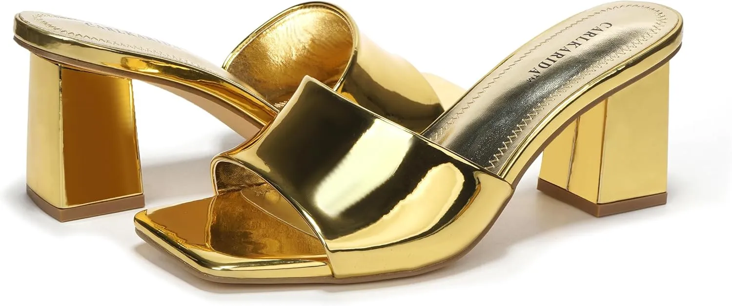 Women's Square Open Toe Heeled Sandals Glossy Material Mules Slip On Low Block Chunky Heeled Sandal on Comfortable Casual Dress Pumps Shoes with Sense of Luxury
