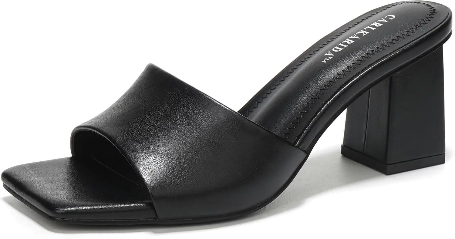 Women's Square Open Toe Heeled Sandals Glossy Material Mules Slip On Low Block Chunky Heeled Sandal on Comfortable Casual Dress Pumps Shoes with Sense of Luxury