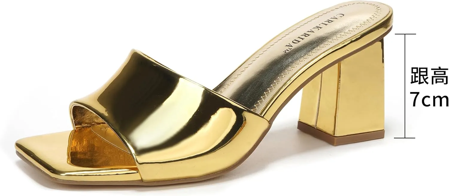 Women's Square Open Toe Heeled Sandals Glossy Material Mules Slip On Low Block Chunky Heeled Sandal on Comfortable Casual Dress Pumps Shoes with Sense of Luxury