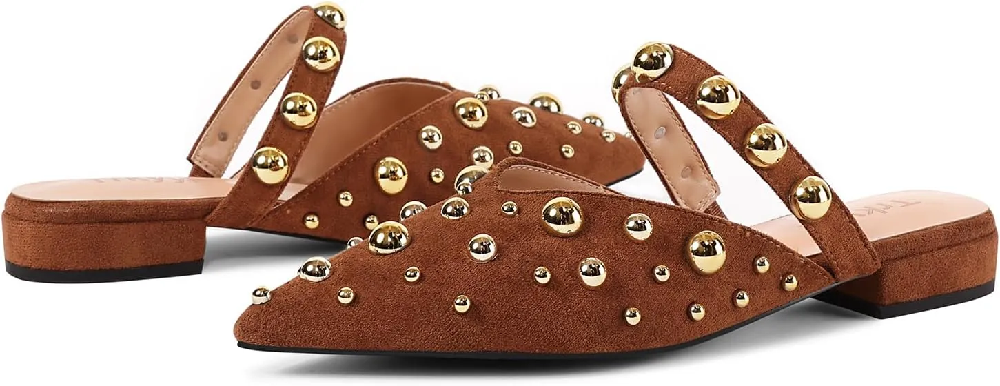 Women's Studded Mules Pointed Toe Strap Slipper Comfortable Flats Shoes