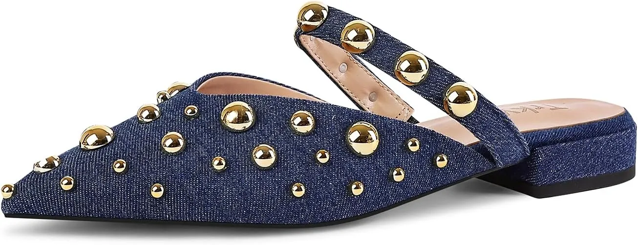 Women's Studded Mules Pointed Toe Strap Slipper Comfortable Flats Shoes