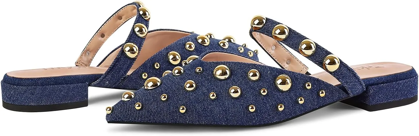 Women's Studded Mules Pointed Toe Strap Slipper Comfortable Flats Shoes