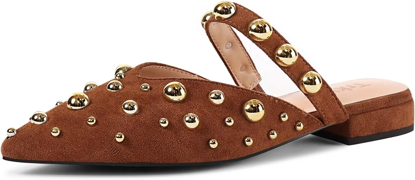 Women's Studded Mules Pointed Toe Strap Slipper Comfortable Flats Shoes
