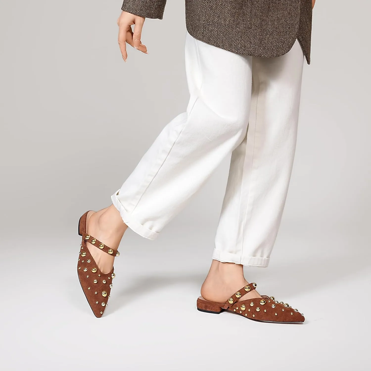 Women's Studded Mules Pointed Toe Strap Slipper Comfortable Flats Shoes