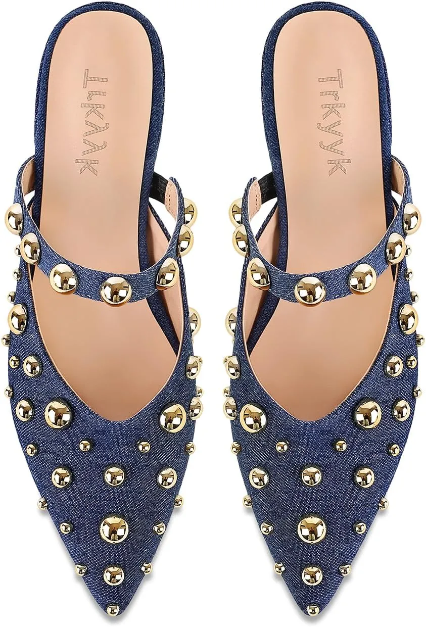 Women's Studded Mules Pointed Toe Strap Slipper Comfortable Flats Shoes