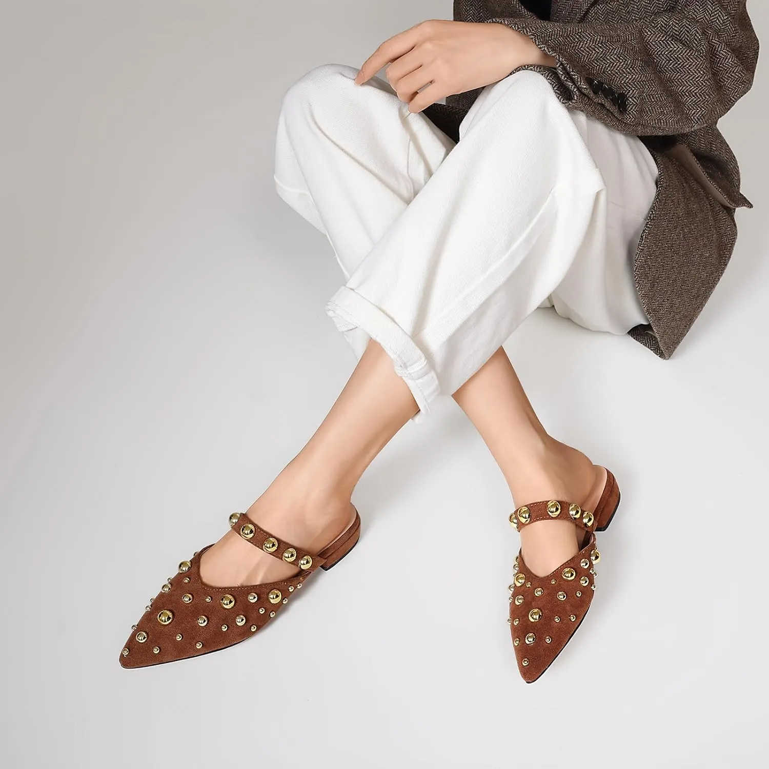Women's Studded Mules Pointed Toe Strap Slipper Comfortable Flats Shoes
