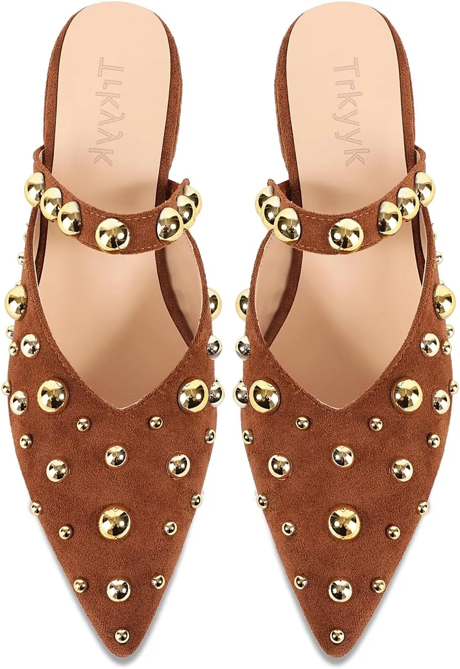 Women's Studded Mules Pointed Toe Strap Slipper Comfortable Flats Shoes