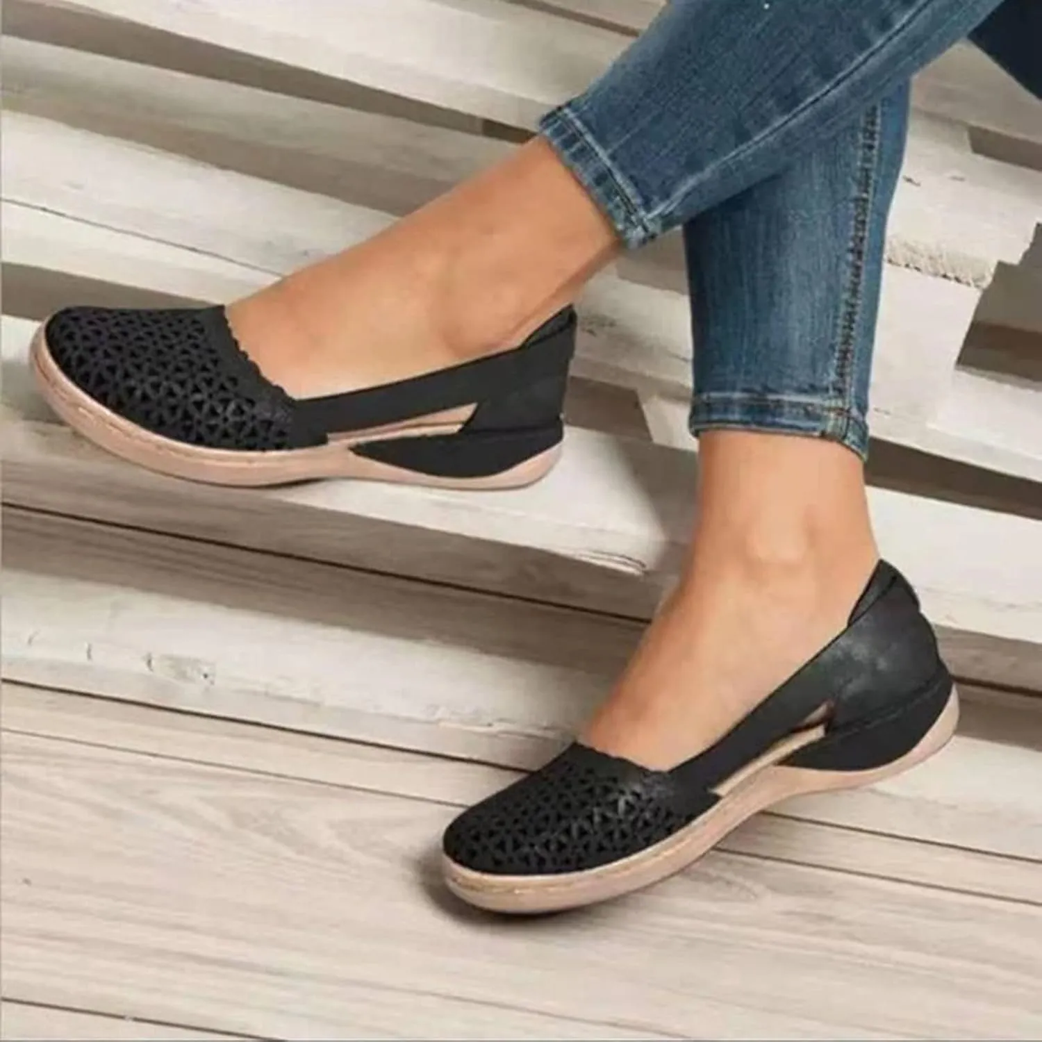 Women's Summer 2025 Orthopedic Fisherman Sandals - Black Mesh Wedge Slip-Ons with Arch Support