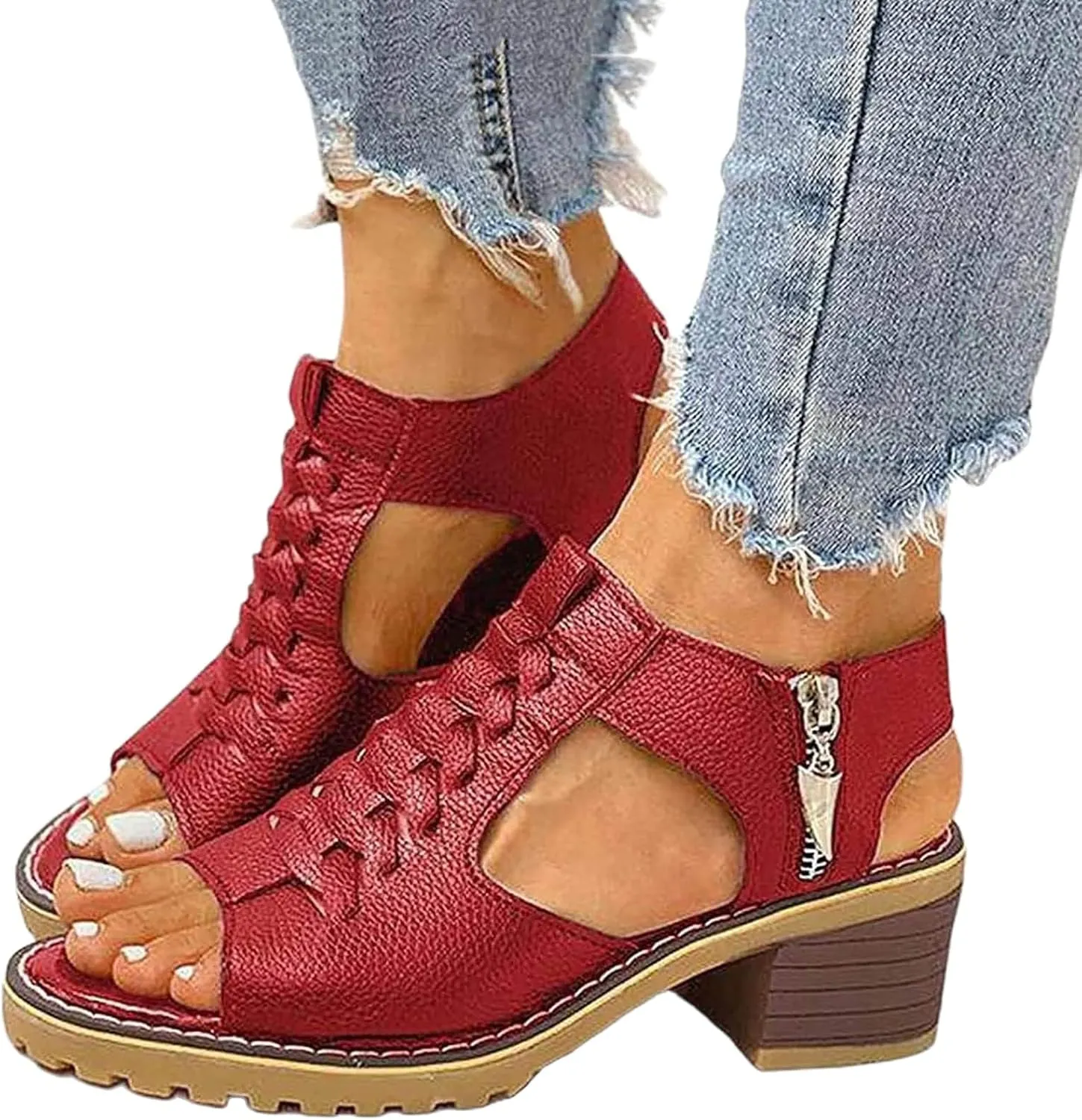 Women's Summer Sandals 2025 Fashion Open Toe Heeled Sandals Plantar Fasciitis Feet Sandal Side Zipper Hollow Out Breathable Slippers Comfortable Beach Vacation Shoes
