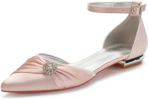 Women's Wedding Shoes for Bride Flats Pointed Toe Satin Bridal Flat Crystals Ankle Strap Dress Shoes Formal Prom Party Pumps