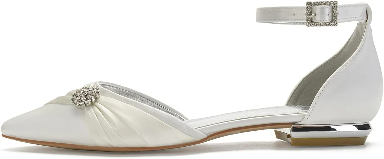 Women's Wedding Shoes for Bride Flats Pointed Toe Satin Bridal Flat Crystals Ankle Strap Dress Shoes Formal Prom Party Pumps