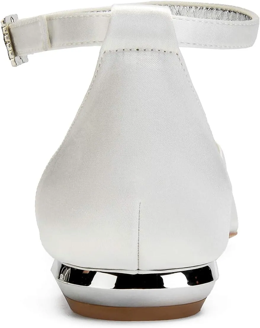 Women's Wedding Shoes for Bride Flats Pointed Toe Satin Bridal Flat Crystals Ankle Strap Dress Shoes Formal Prom Party Pumps