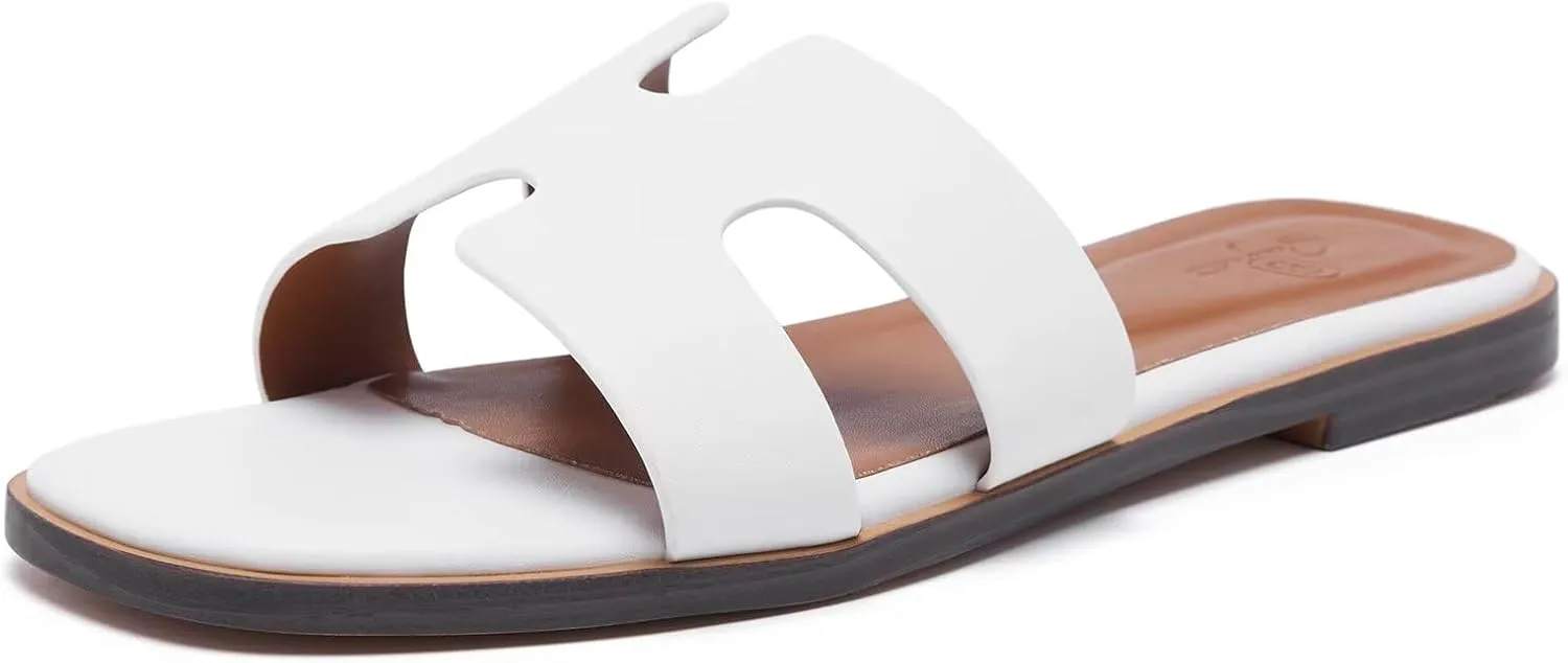 Women's Wide Width Leather Flat Sandals Slipper 2025 Summer Fashion Comfortable Memory Foam Slides for Women Footwear